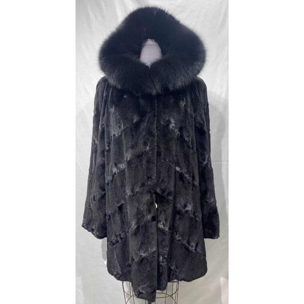 sheared mink paws 7/8 coat black fox hood trim (374)
